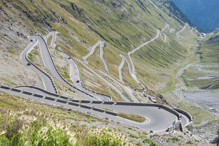 View of Serpentine Road of Stelvio Pass from above.